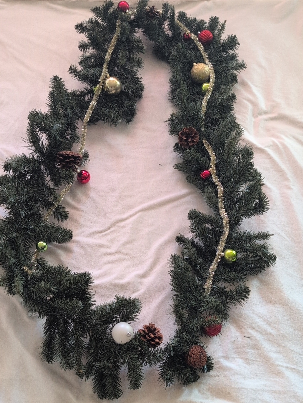 Holiday Pine Garland with Red, Green and Gold Ornaments